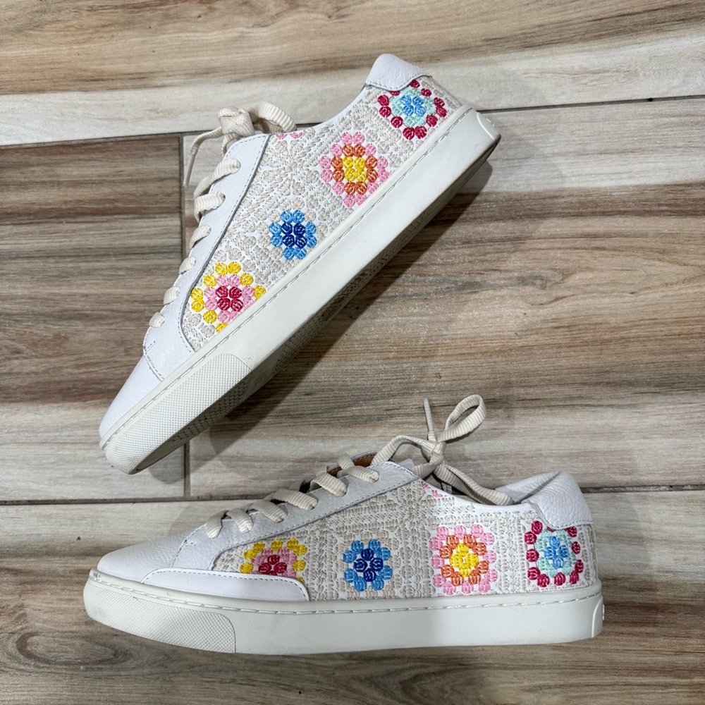 LIKE NEW. Only worn once. Soludos White Sneakers with Colorful Floral Embroidery